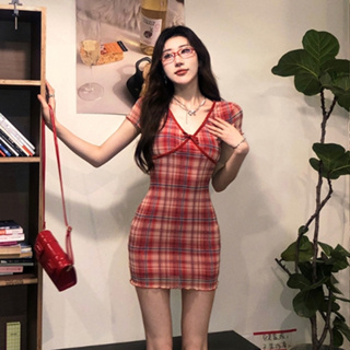 韓版休閒時尚性感紅色格子洋裝女裝緊身收腰V領蝴蝶結裝飾短袖包臀緊身洋裝