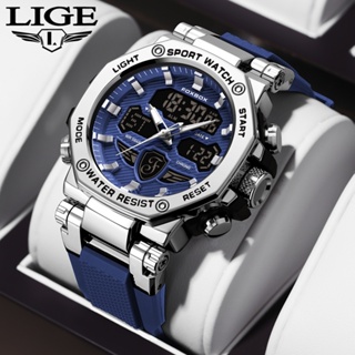 Lige Original 男士手錶雙顯示矽膠錶帶防水運動手錶計時碼表石英數字手錶