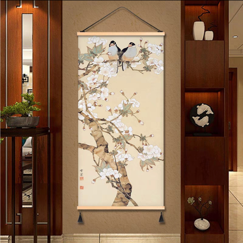 中式 水墨畫 花鳥 小百花 倆只鳥 禪意 簡約 素雅 油畫布 掛畫 客廳裝飾 玄關走廊壁畫 裝飾畫 客製化
