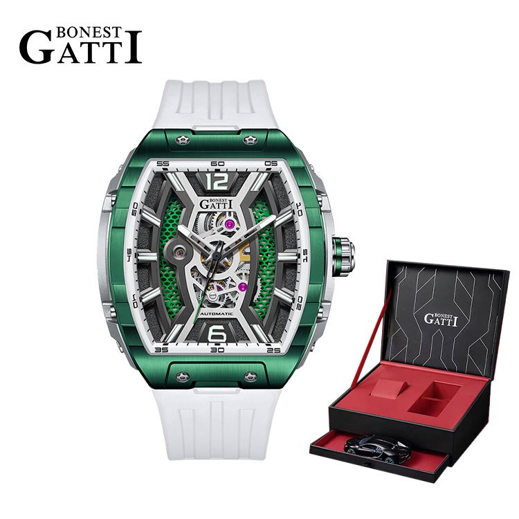 Bonest GATTI BG5601 男士自動手錶豪華 Tonneau 機械手錶鏤空防水藍寶石夜光氟橡膠錶帶