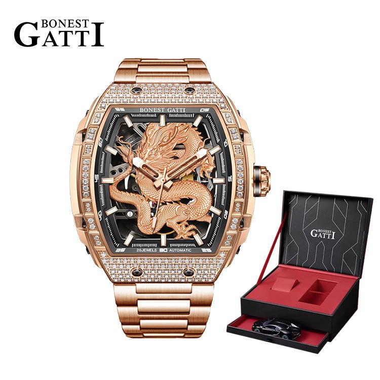 Bonest GATTI BG5605男士自動手錶 Tonneau 機械手錶防水藍寶石夜光氟橡膠錶帶龍錶盤