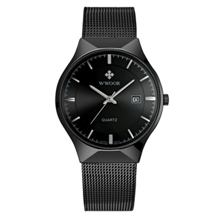 Wwoor 男士手錶時尚超薄銀網鋼石英鐘休閒防水日期手錶-8016