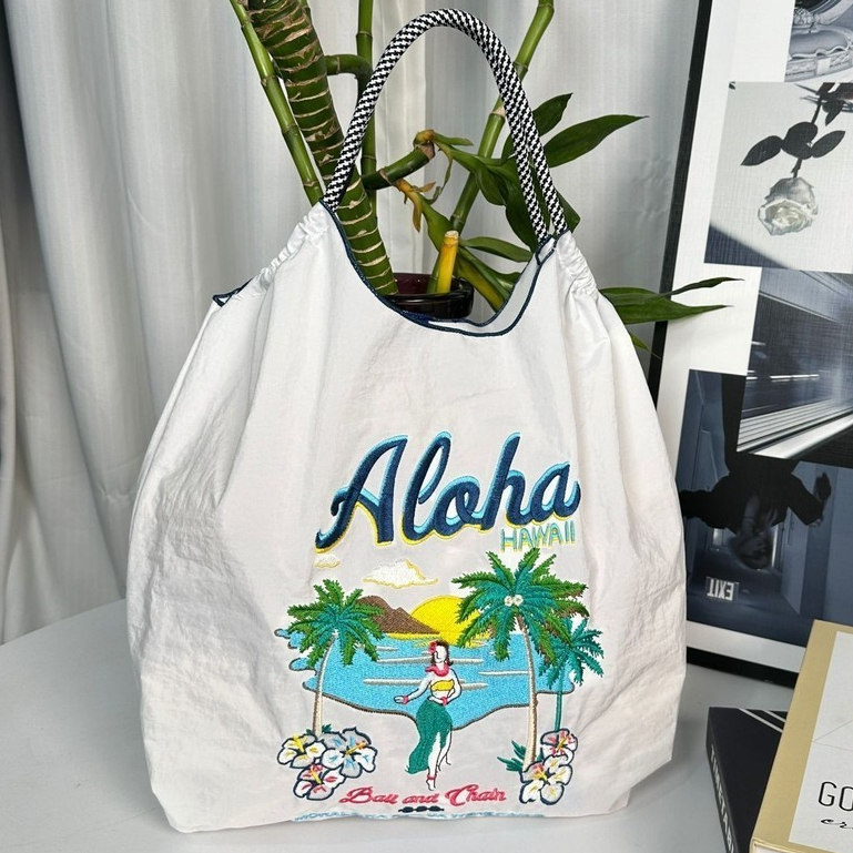 【YOFUR】現貨 夏威夷阿羅哈刺繡ball chain日系環保購物袋 精品小眾 大容量手提袋 環保尼龍布袋