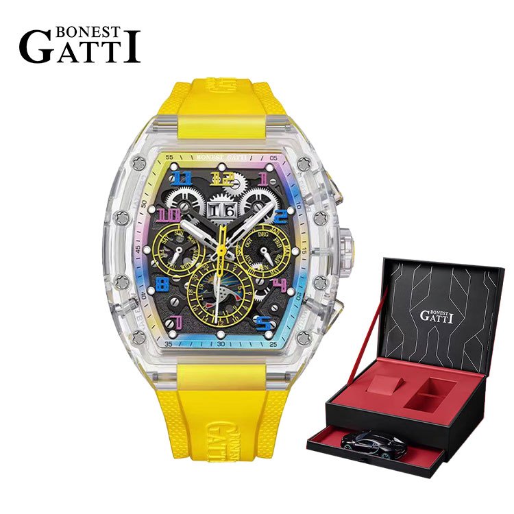 Bonest GATTI BG9920 男士自動手錶 Tonneau 機械手錶水晶錶殼防水夜光氟橡膠錶帶多錶盤