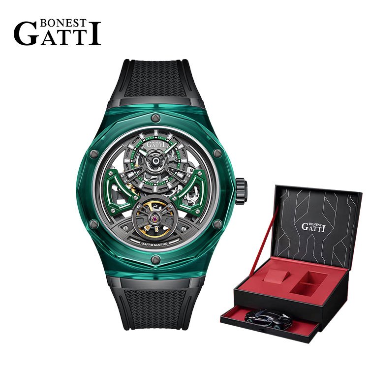 Bonest GATTI BG5807 男士自動手錶 45 毫米機械手錶水晶錶殼藍寶石夜光氟橡膠錶帶鏤空錶盤