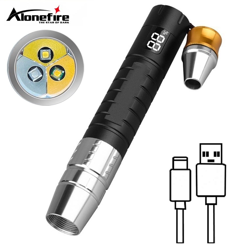 Alonefire SV105 3 合 1 白色黃色 UV 365nm LED 液晶手電筒 USB 可充電珠寶玉石寵物污