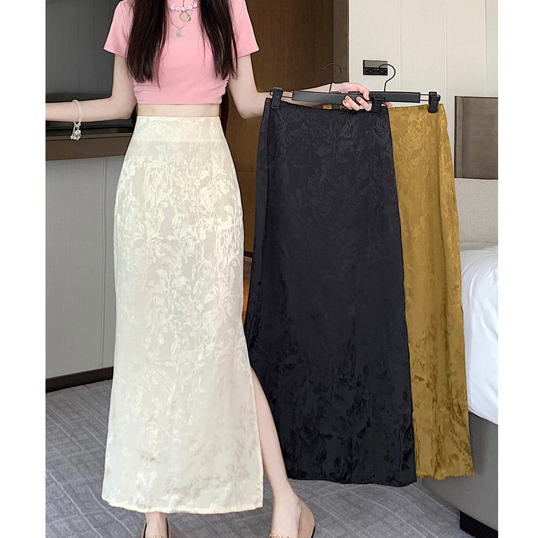 Liasynn 新中式國風復古A字半身裙女 2024夏裝新款顯瘦中長款緞面飄逸長裙 緞面開叉半身裙