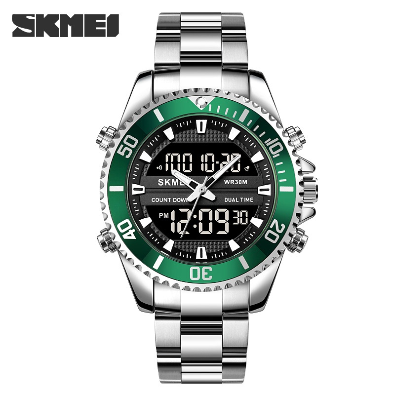 SKMEI 1850 鬧鐘男士時鐘防水不銹鋼 Relogio Masculino 雙顯示手錶男士時尚數字手錶