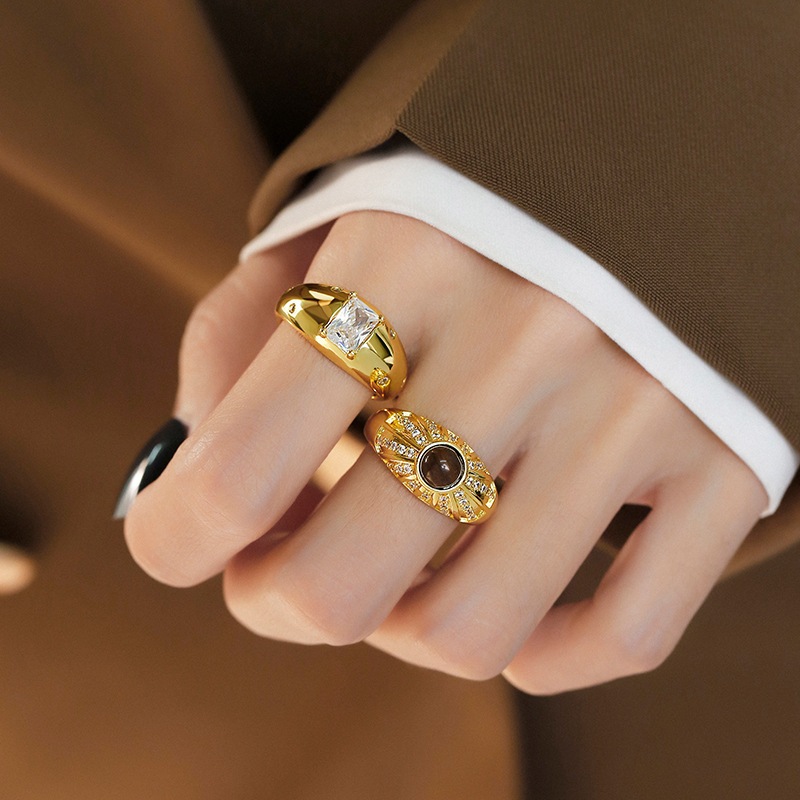 復古拉絲仿虎眼石方鑽寬版戒指 時尚精緻指環