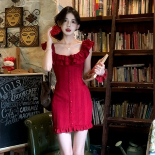法式聚會派對性感紅色無袖洋裝女裝緊身收腰有彈性圓領無袖包臀緊身洋裝