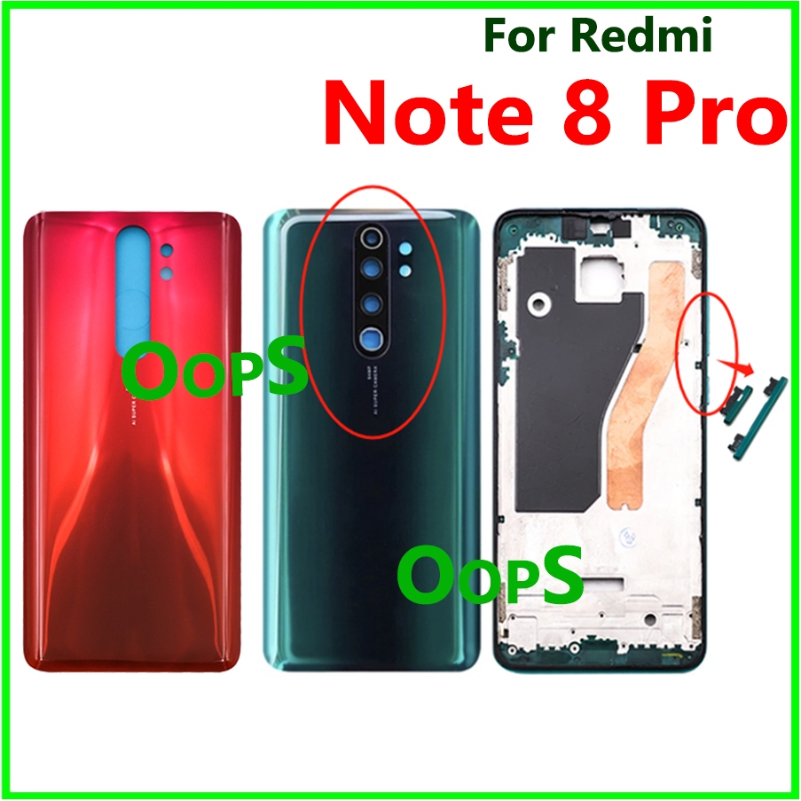 REDMI XIAOMI 適用於小米紅米 Note 8 Pro 後蓋電池蓋玻璃門殼 + 前中框相機鏡頭不干膠貼紙的後殼框