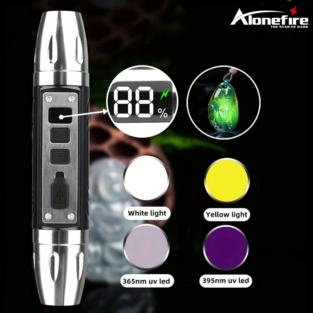 Alonefire SV106 4 合 1 白色黃色 UV 365nm/395nm LED LCD 手電筒 USB 可充