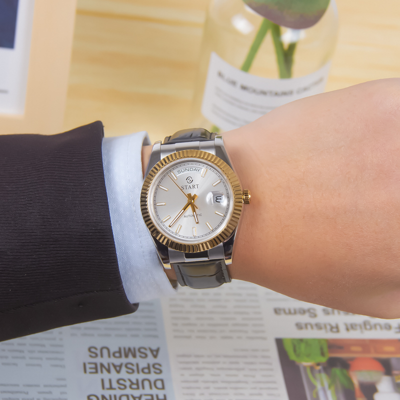 START斯達特男士機械錶夜光刻度錶盤防水日期星期功能皮帶手錶