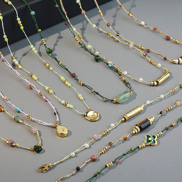 新中式彩色天然石淡水珍珠項鍊小眾高級感女士手鍊不鏽鋼吊墜套鏈