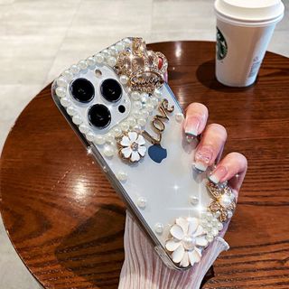 水鉆皇冠珍珠花適用蘋果手機保護套，iphone手機保護殼