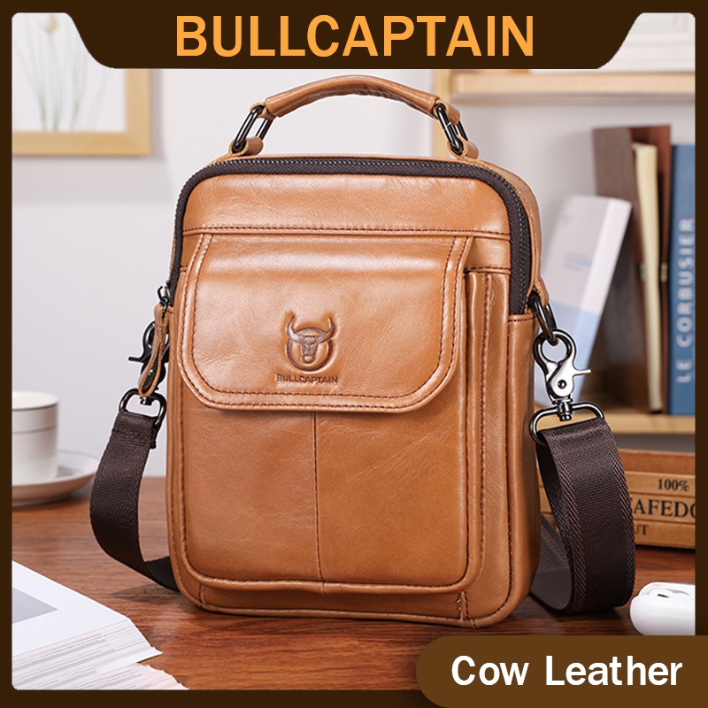Bullcaptain 100% 牛皮男士斜挎包時尚設計垂直斜挎包帶手柄