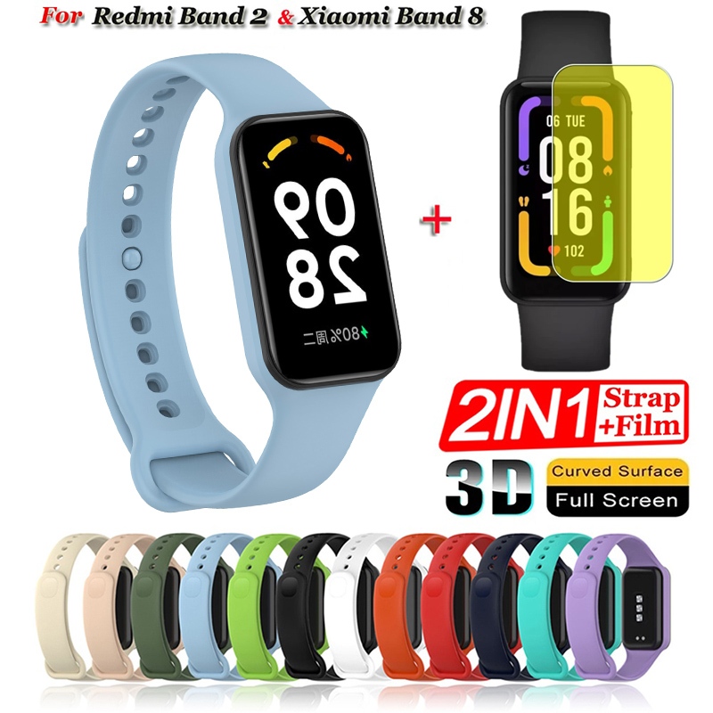 XIAOMI 2 合 1 矽膠錶帶 + 屏幕保護膜適用於 Redmi Band 2 腕帶適用於小米智能手環 8 Acti