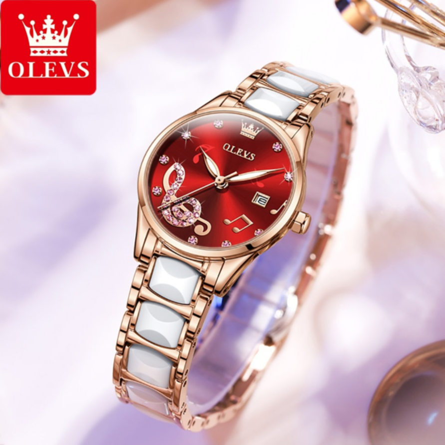【送手錶禮盒】Olevs 時尚休閒音符雕刻設計陶瓷鋼帶鑽石鑲嵌石英錶氣質女士受表