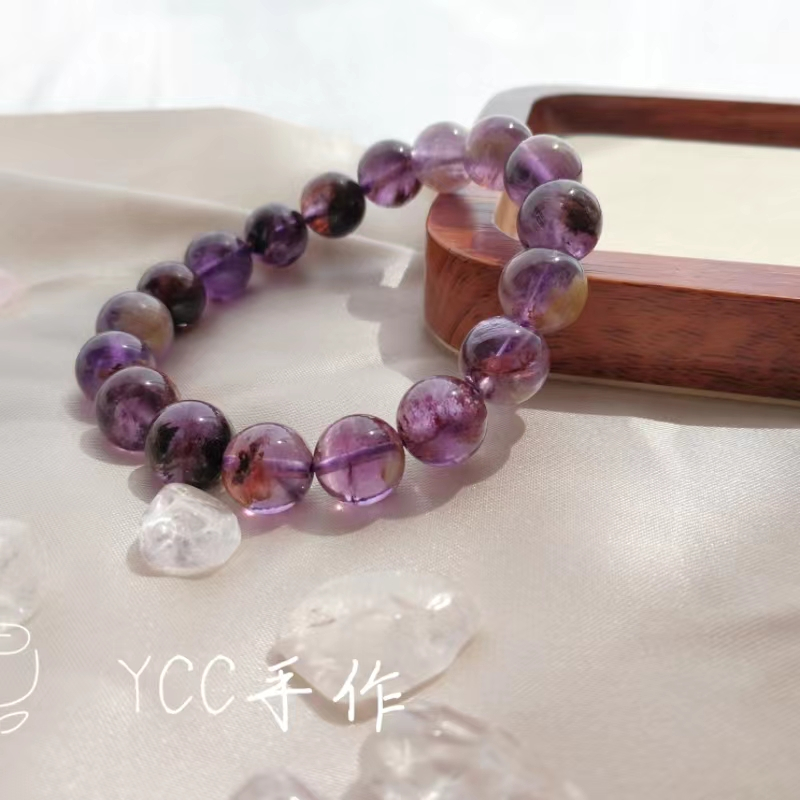 【YCC】天然石水晶手串 卡10高品紫幽靈水晶 16.5-17cm手圍 顆顆天然景觀 美容守護愛情提升魅力