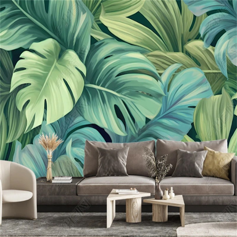 定制貼紙牆紙歐式複古熱帶雨林植物風景照片牆畫壁畫客廳壁紙