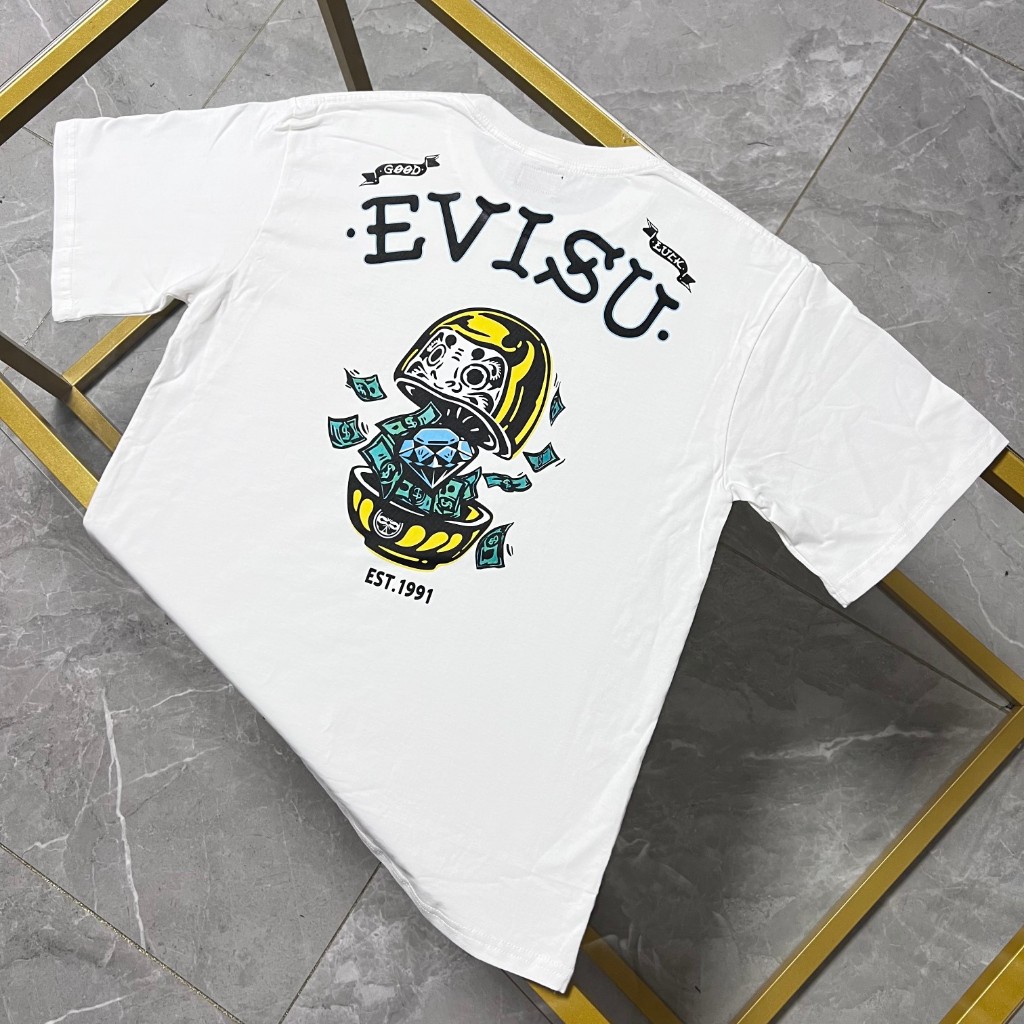 日本 Evisu 福神高品質新款男士鑽石達摩印花純棉休閒圓領短袖T恤男女同款