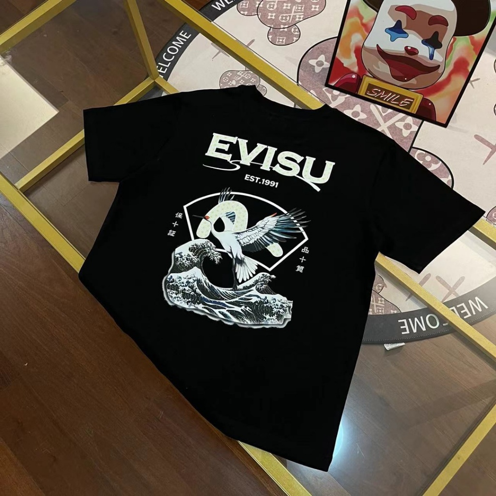 日本 Evisu 福神高品質新款男士字母海浪仙鶴純棉休閒圓領短袖T恤男女同款