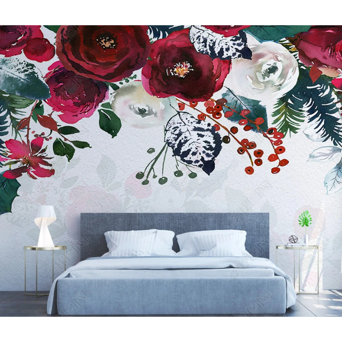花卉壁紙北歐風格水彩手繪花卉田園風格壁紙臥室客廳家居裝飾牆貼