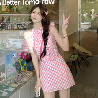 韓版休閒時尚性感粉色格子洋裝女裝緊身收腰鏤空露背無袖掛脖緊身洋裝