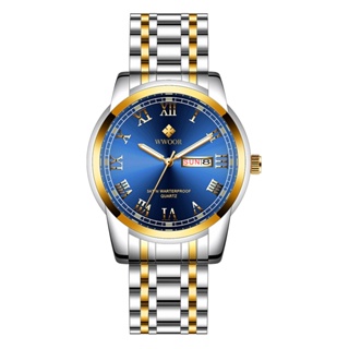 Wwoor 新款男士豪華手錶不銹鋼商務石英手錶防水星期日期男士運動手錶-701