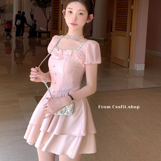 法式聚會派對性感粉色雪紡洋裝女裝緊身收腰高級設計鑽鏈圓領短袖百褶洋裝