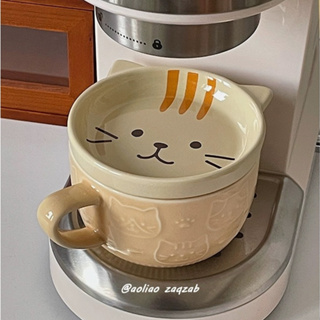 【築•家】復古可愛咖啡杯 三花貓咪馬克杯 陶瓷杯子 帶蓋咖啡杯 燕麥杯 早餐杯 生日禮物咖啡杯