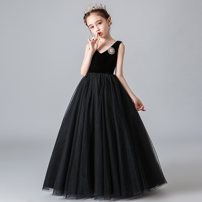 女童晚禮服中大童鋼琴演奏表演服兒童公主裙黑色主持人走秀表演服