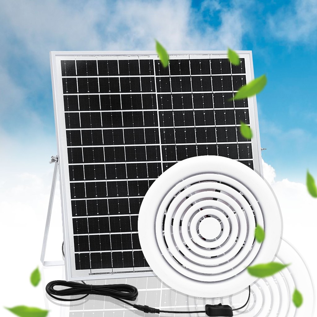 6/8W太陽能電池板+4/6英寸圓形通風排風扇 帶有IP 67級防水性能+防迴流設計，適用溫室、狗舍、閣樓、棚子等排放通