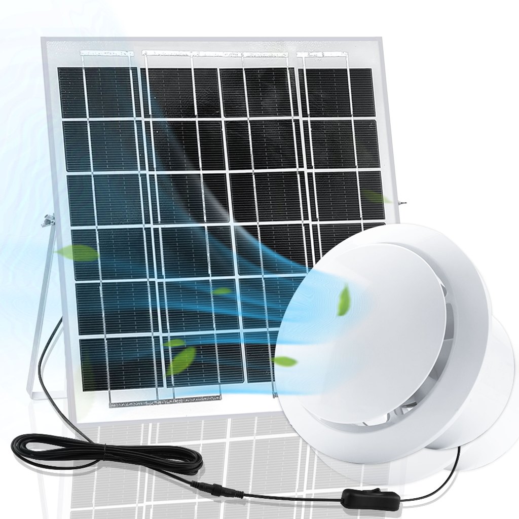 6/8W太陽能電池板+4/6英寸圓形通風排風扇，帶有IP 67級防水性能和防迴流設計，更好的保證環境的通風和空氣的清新幹