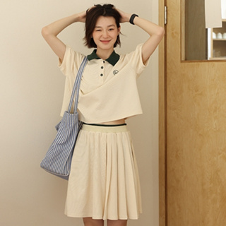 韓版學院風休閒時尚套裝女裝緊身短版翻領短袖針織襯衫+高腰針織百褶半身裙兩件套