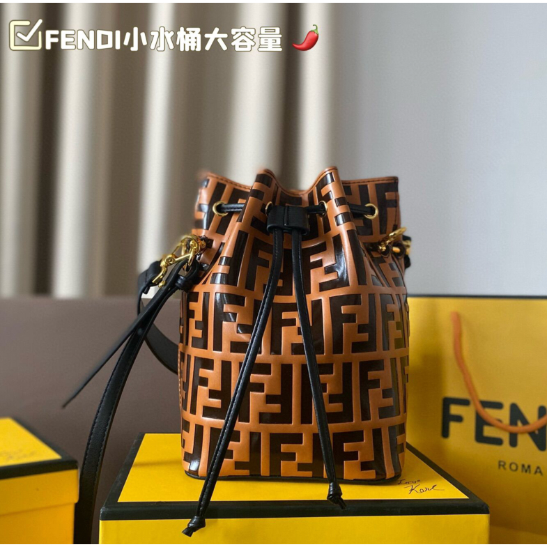 【禮盒】潮流女包 復古Fendi壓紋水桶包 高品質牛皮 mini tote 奢華女士斜背包