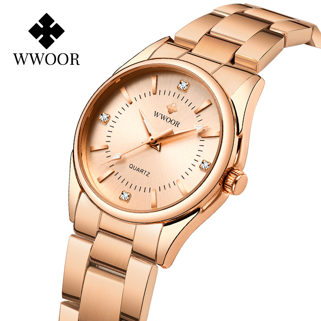 WWOOR  防水女表  頂級品牌鑲鑽女士手錶  精鋼百搭時尚手錶-8852G