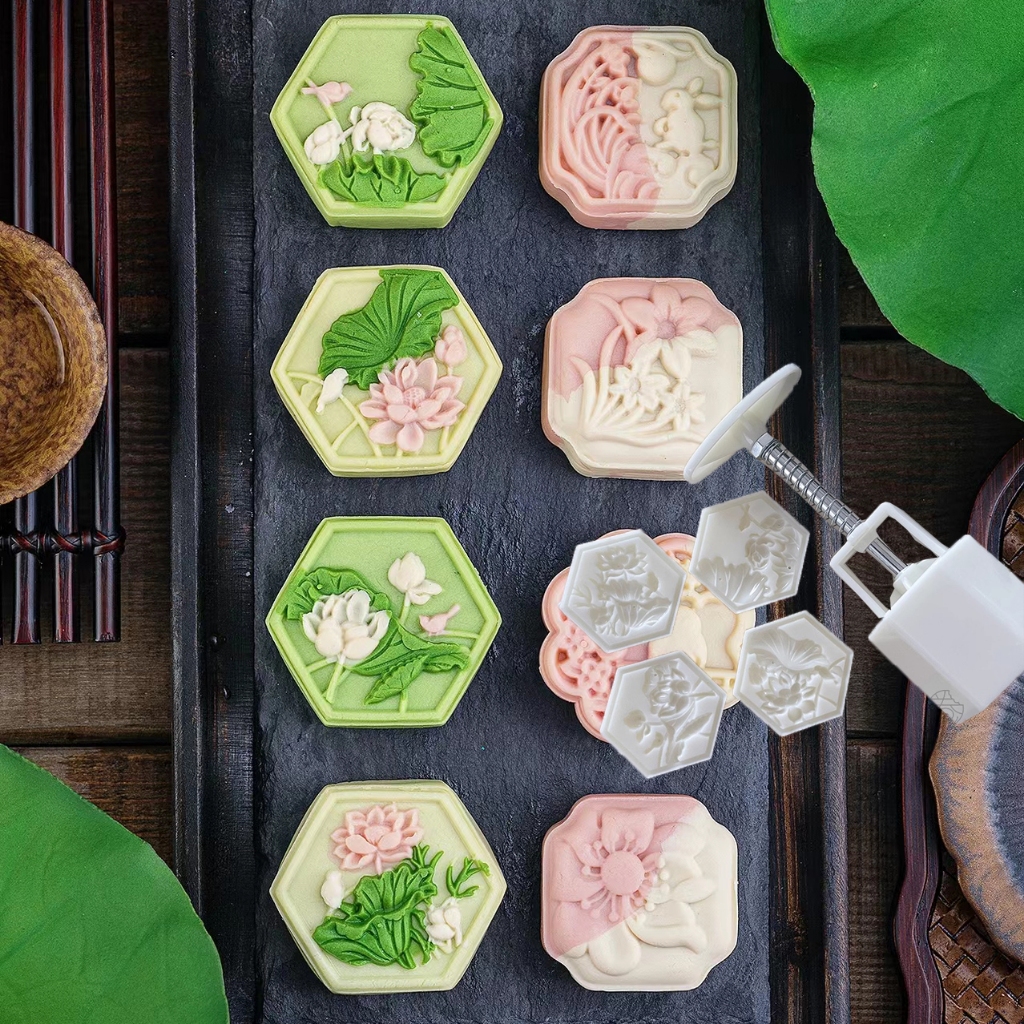 4件/套50g兔蓮花錦鯉魚方形月餅模具鮮花糕點蛋糕餅乾郵票甜點烘焙廚房裝飾工具