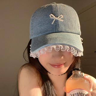 蕾絲牛仔棒球帽韓式甜美可愛立體珍珠蝴蝶結鴨舌帽