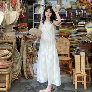 法式旅行休閒度假雪紡長裙女裝寬鬆刺繡印花圓領無袖中長款A字洋裝