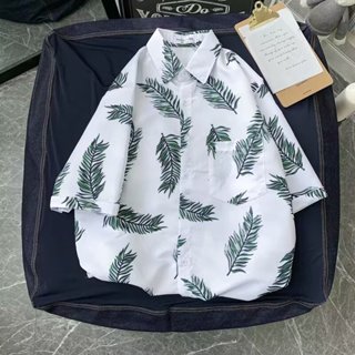M-3XL 東南亞風花襯衫男 夏日海邊度假沙灘短袖襯衫男 新款潮流復古翻領五分袖寸衫男生