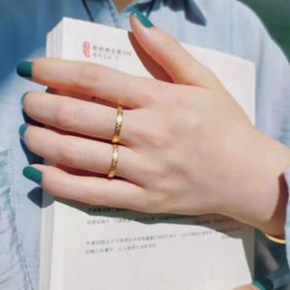 SHINY金色格紋戒指，不鏽鋼材質不會褪色，簡約小眾國風，適合男女情侶戒指