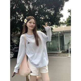 【NZN】 辣妹百搭綠色條紋長袖T恤女夏季薄款寬鬆防曬上衣