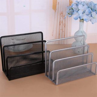 辦公桌郵件管理器、檔案架信件分類器,帶 3 個垂直立式金屬網隔層檔案、檔案、檔案夾、郵件、家庭或辦公室桌面的紙張管理器