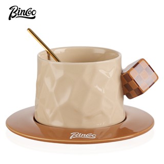 BINCOO 陶瓷咖啡杯碟套裝 馬克杯子帶勺 高顏值設計感小精緻高檔水杯 300ML