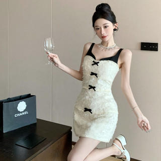 法式聚會派對性感白色吊帶洋裝女裝緊身收腰拼接撞色蝴蝶結設計流蘇毛邊無袖包臀緊身洋裝