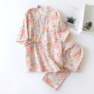 【現貨】日本和服睡衣居家服 日式浴衣 甚平 雙層全棉棉紗柔軟親膚透氣不悶熱半袖長褲兩件式和服春秋薄款女生睡衣