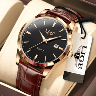 Lige Original Watch 男士防水模擬皮革夜光石英日期腕錶