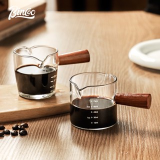 Bincoo 玻璃咖啡杯雙噴嘴木柄咖啡秤提取杯濃縮咖啡小量杯玻璃小牛奶杯 70ML