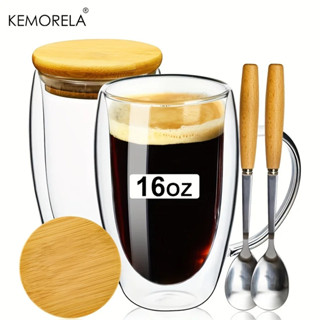 KEMORELA 2pcs,350/450ml 透明雙層玻璃杯帶木蓋勺家用咖啡杯,咖啡卡布奇諾濃縮咖啡杯,茶奶飲料,透明